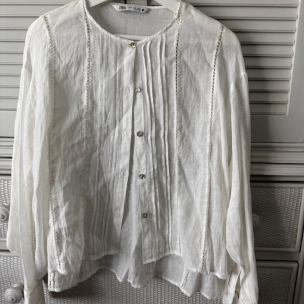 Zara White Linen Long Sleeve Top Size S